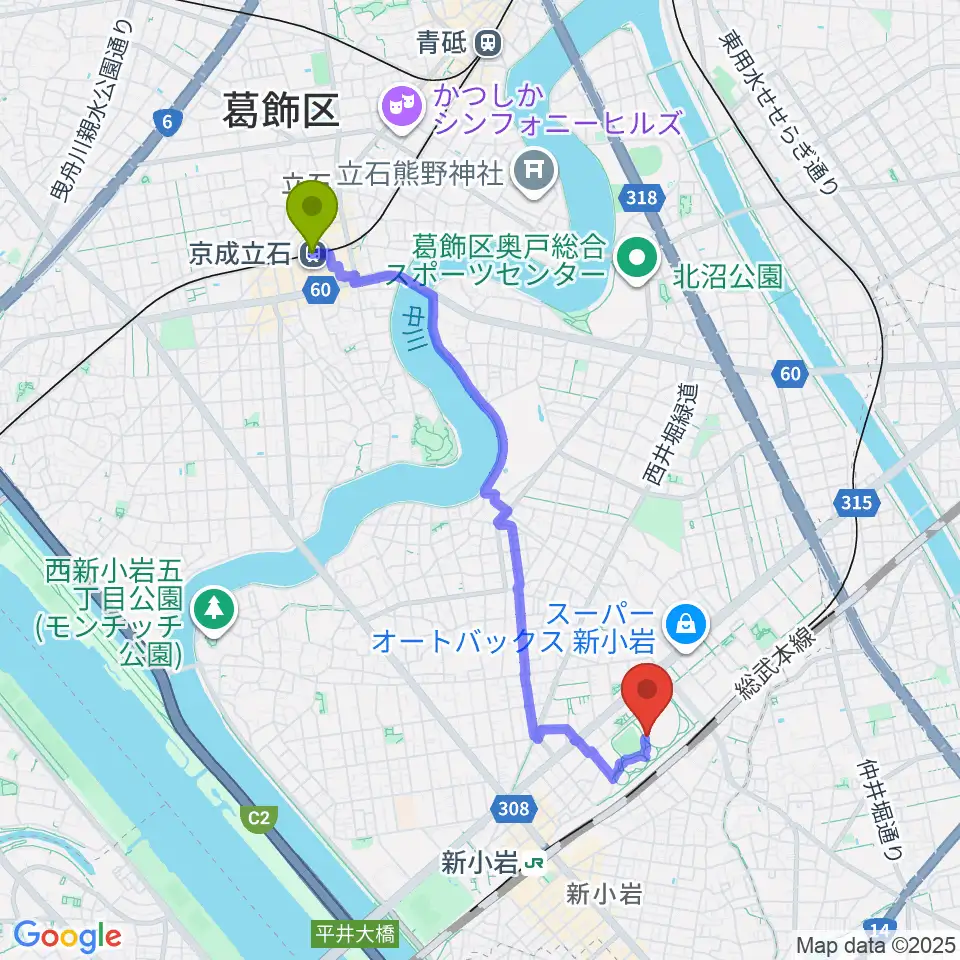 京成立石駅から東新小岩運動場 陸上競技場へのルートマップ地図