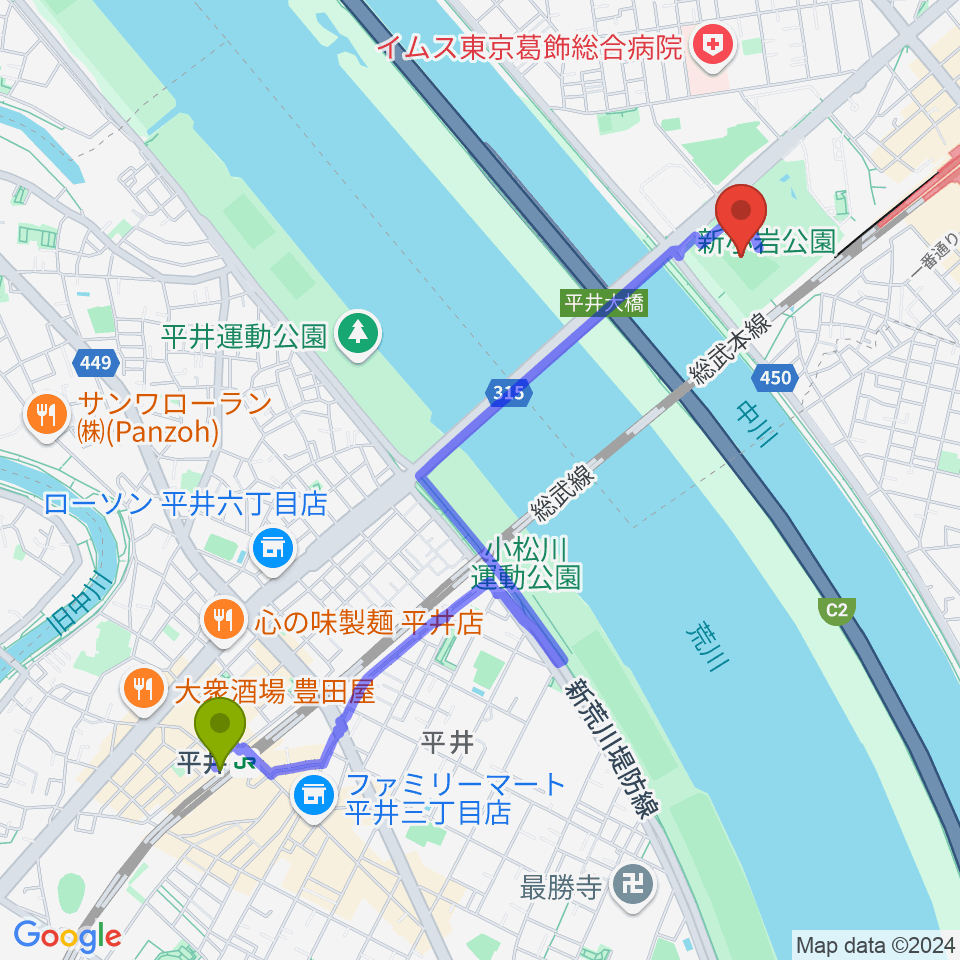 平井駅から新小岩公園野球場へのルートマップ地図