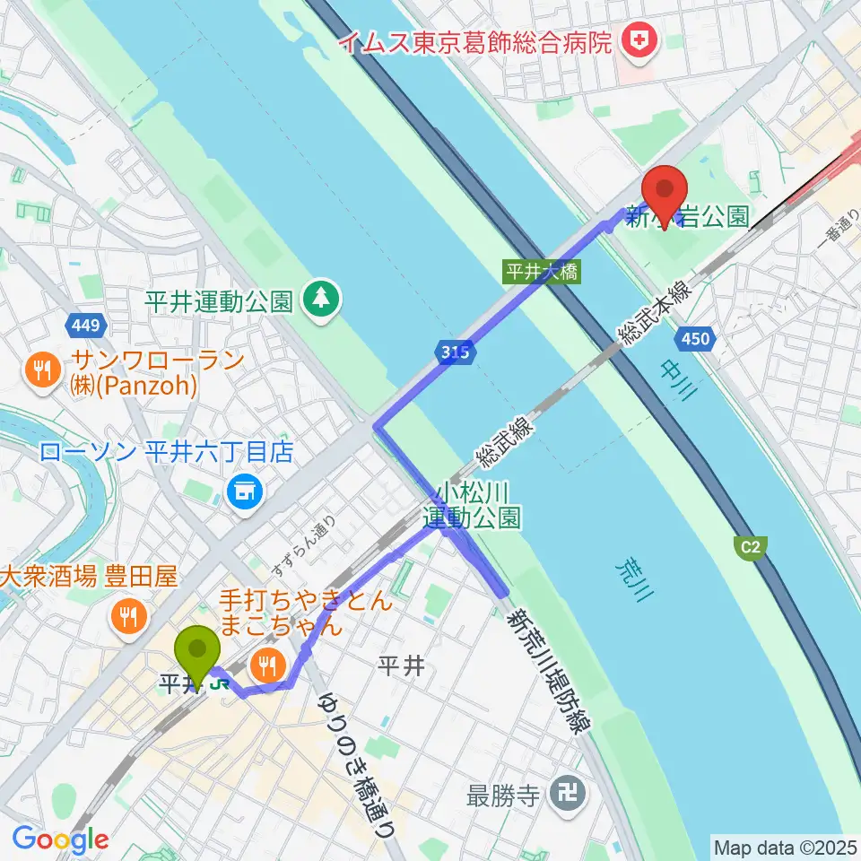 平井駅から新小岩公園野球場へのルートマップ地図