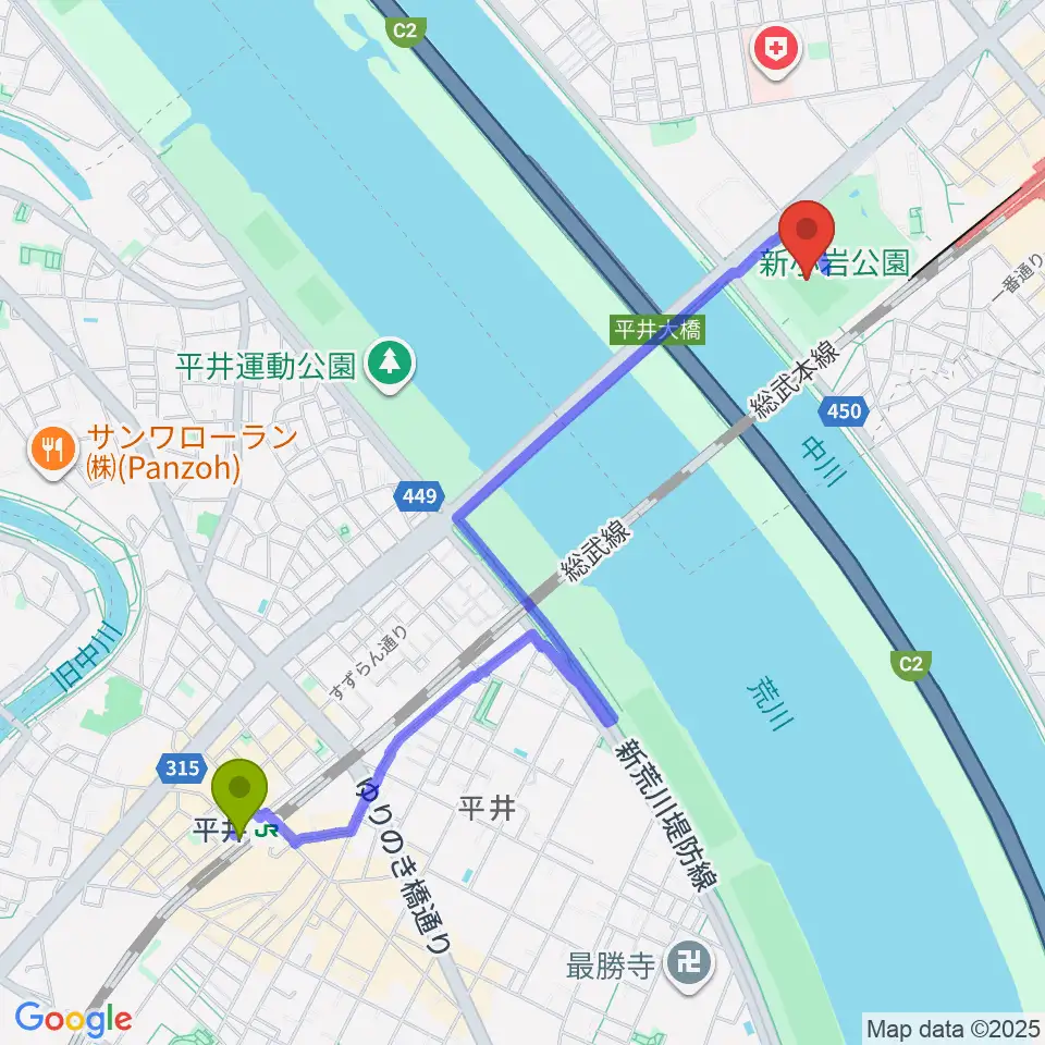 平井駅から新小岩公園野球場へのルートマップ地図