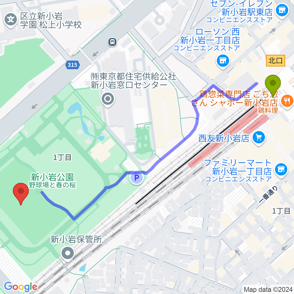 新小岩公園野球場の最寄駅新小岩駅からの徒歩ルート（約7分）地図
