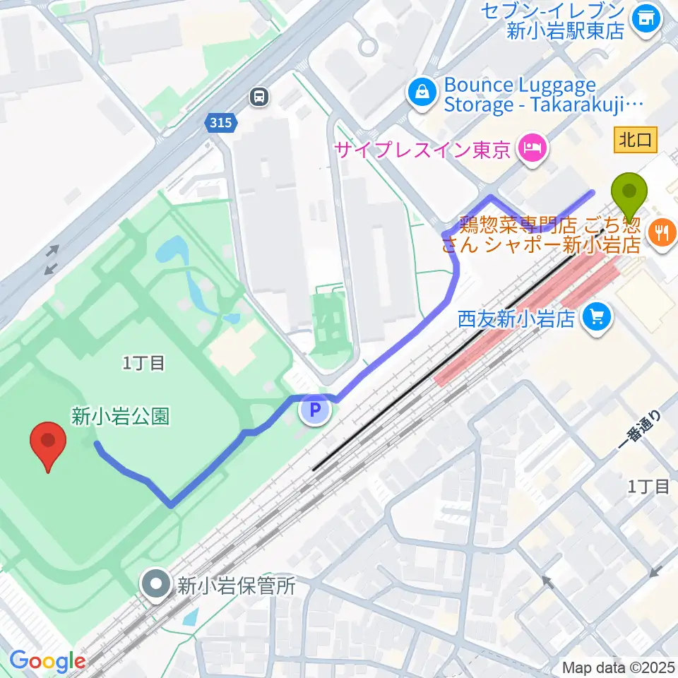新小岩公園野球場の最寄駅新小岩駅からの徒歩ルート（約7分）地図