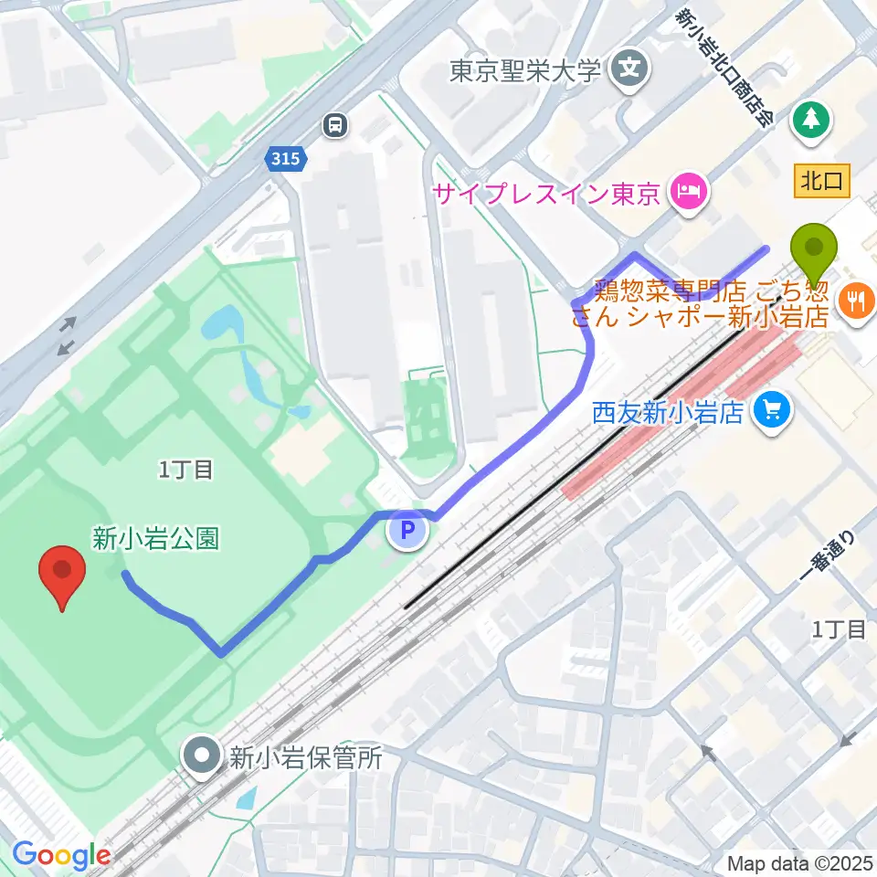 新小岩公園野球場の最寄駅新小岩駅からの徒歩ルート（約7分）地図