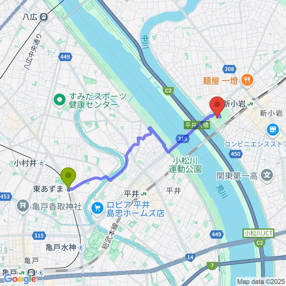 東あずま駅から新小岩公園野球場へのルートマップ地図