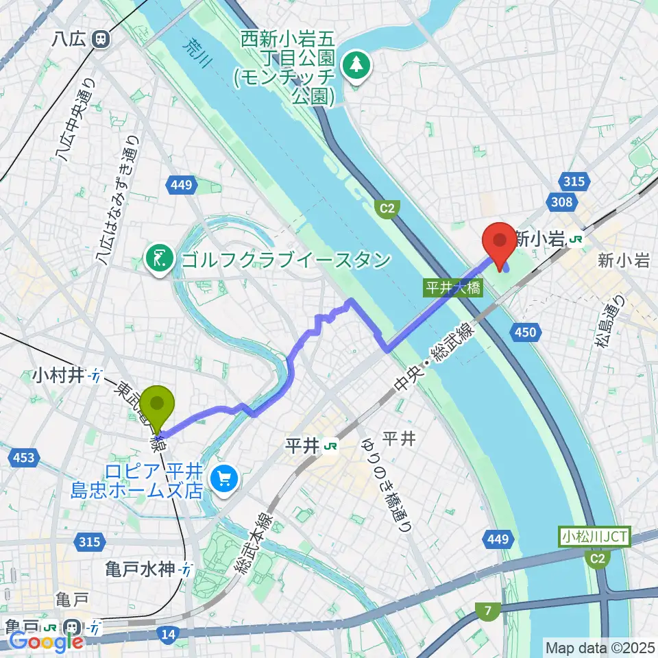 東あずま駅から新小岩公園野球場へのルートマップ地図