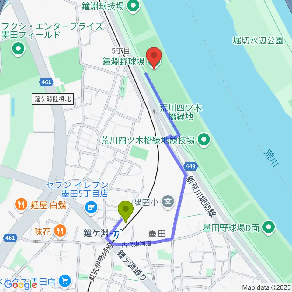 鐘淵野球場の最寄駅鐘ヶ淵駅からの徒歩ルート（約8分）地図