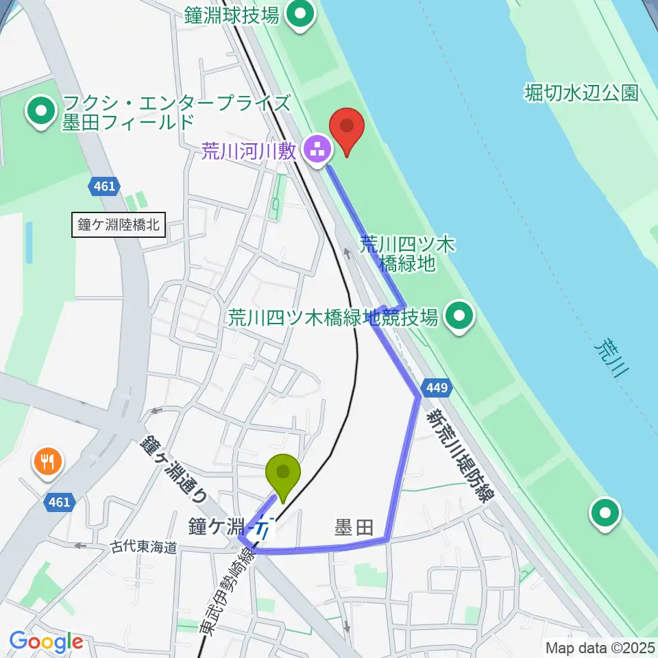 鐘淵野球場の最寄駅鐘ヶ淵駅からの徒歩ルート（約8分）地図