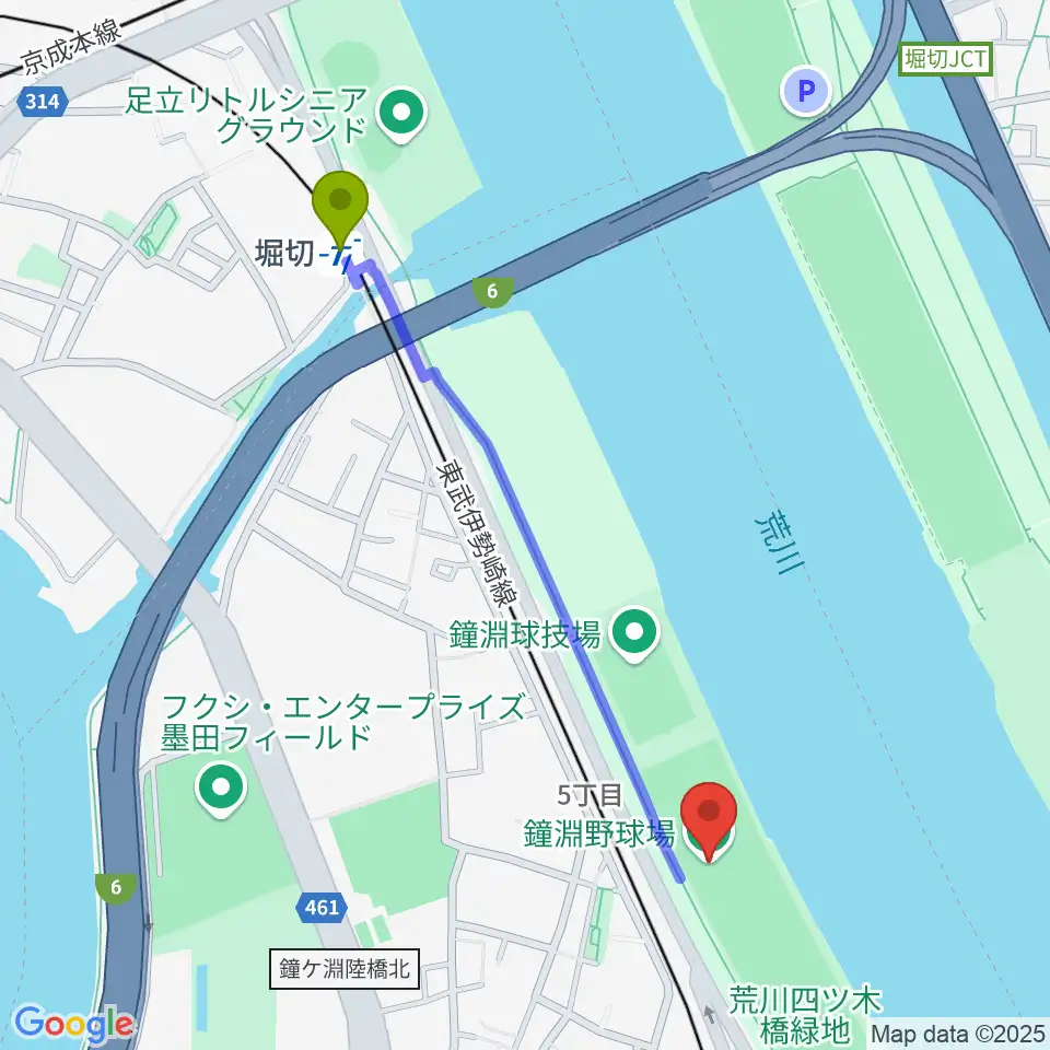 堀切駅から鐘淵野球場へのルートマップ地図