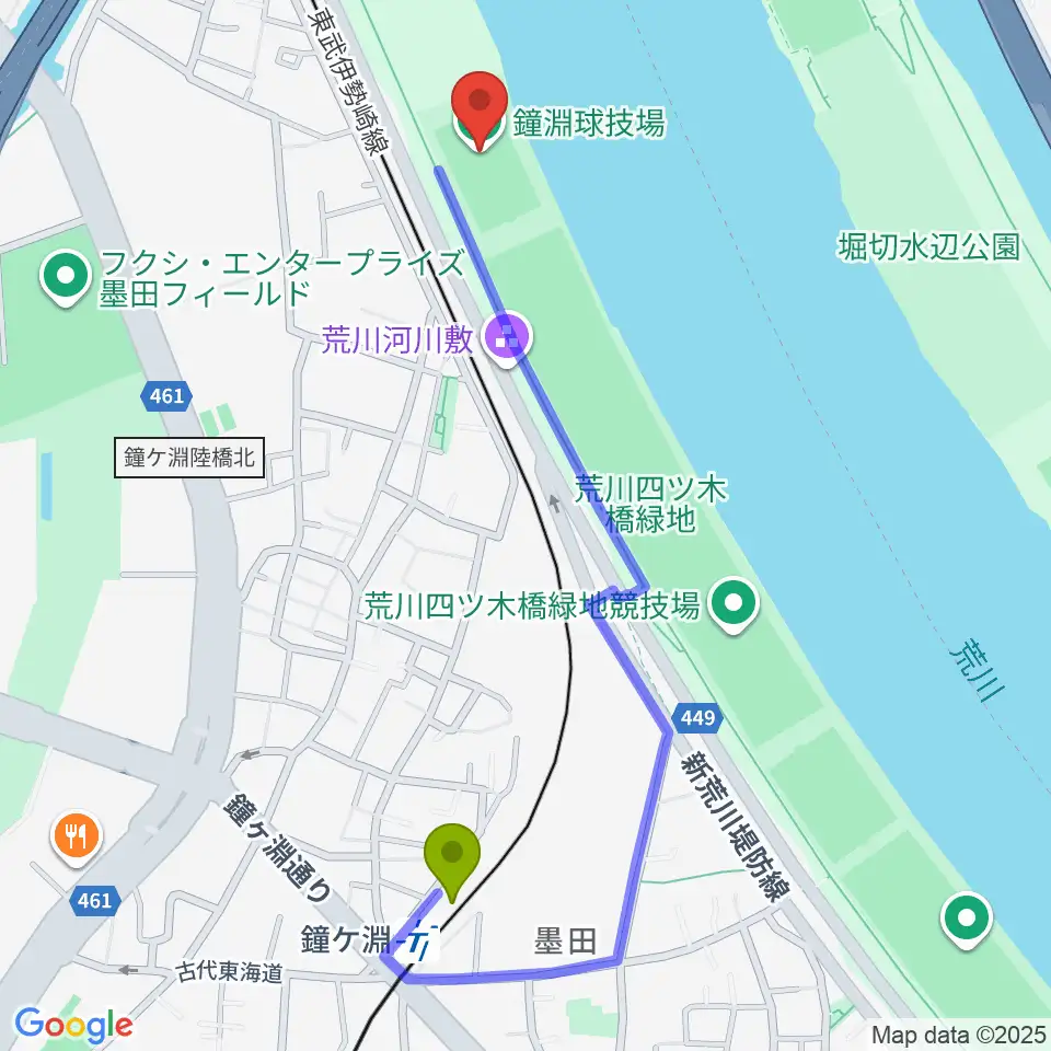 鐘ヶ淵駅から鐘淵球技場へのルートマップ地図