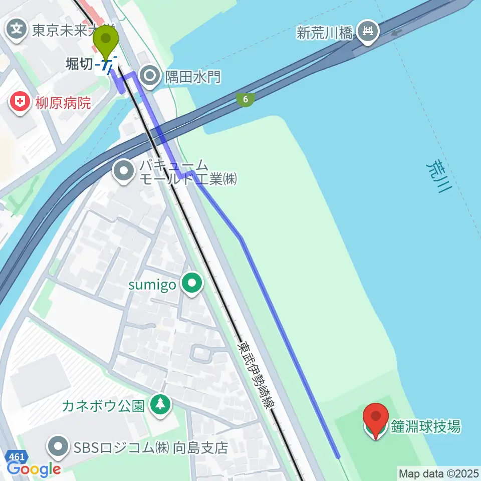 鐘淵球技場の最寄駅堀切駅からの徒歩ルート（約7分）地図