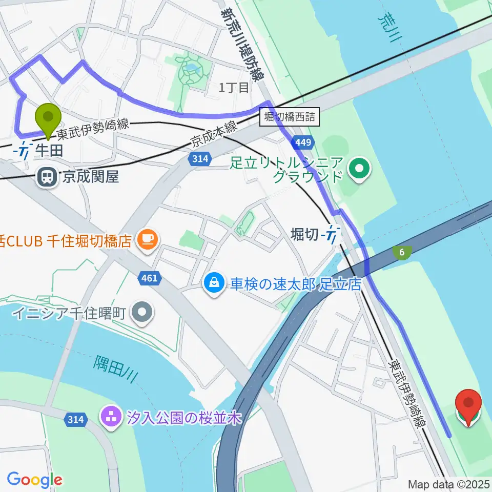 牛田駅から鐘淵球技場へのルートマップ地図