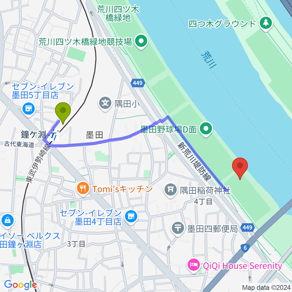 鐘ヶ淵駅から墨田野球場へのルートマップ地図