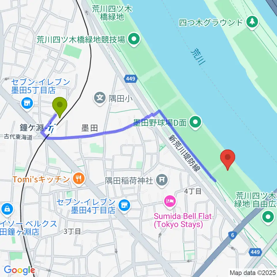 鐘ヶ淵駅から墨田野球場へのルートマップ地図