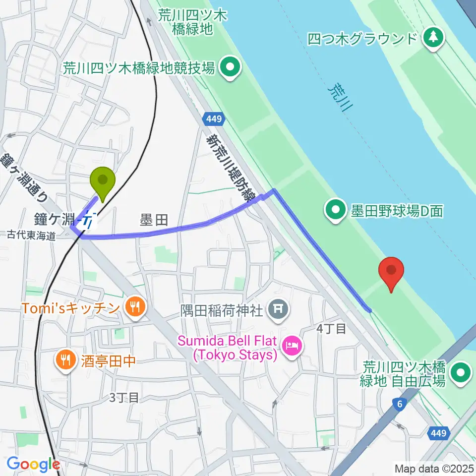 鐘ヶ淵駅から墨田野球場へのルートマップ地図