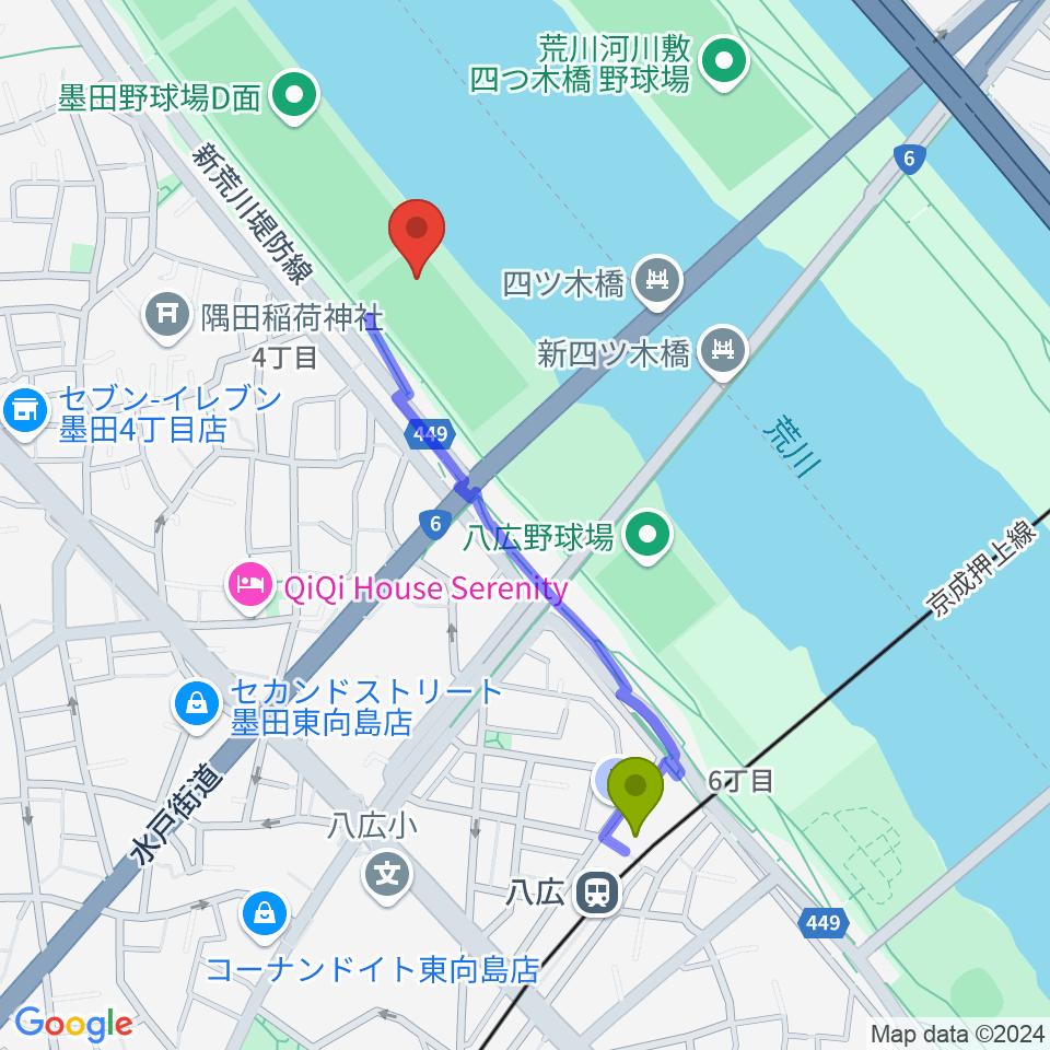 墨田野球場の最寄駅八広駅からの徒歩ルート（約9分）地図