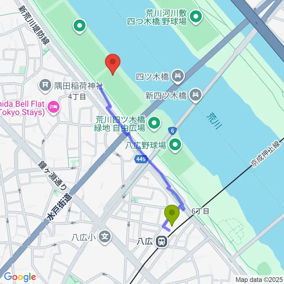 墨田野球場の最寄駅八広駅からの徒歩ルート（約9分）地図