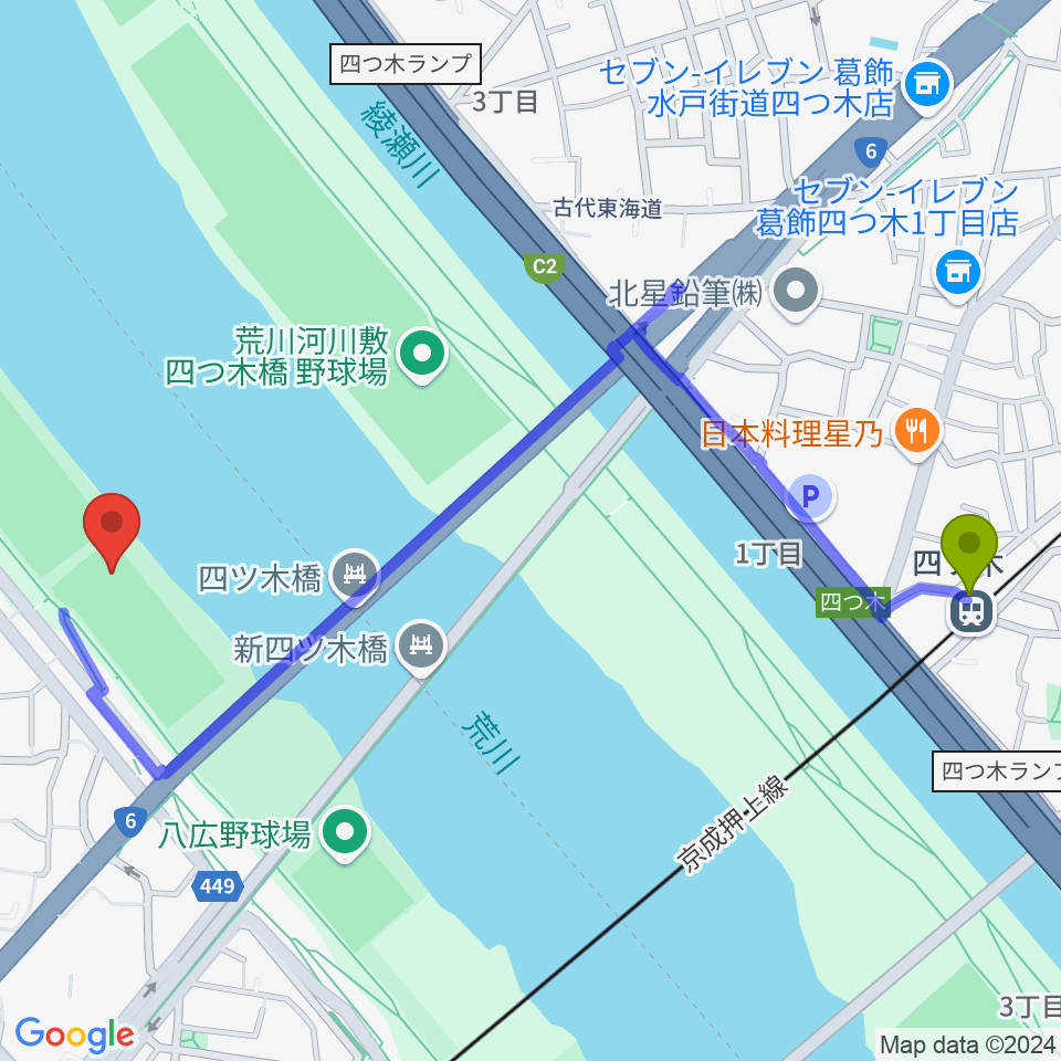 四ツ木駅から墨田野球場へのルートマップ地図