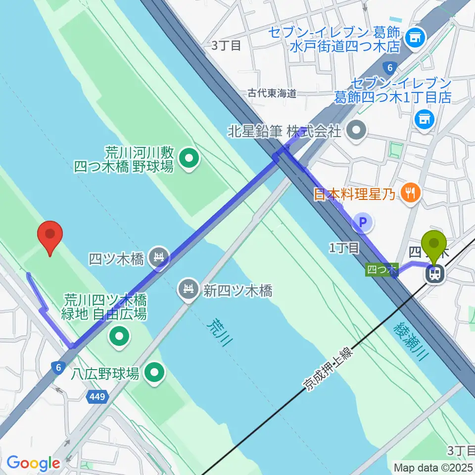 四ツ木駅から墨田野球場へのルートマップ地図