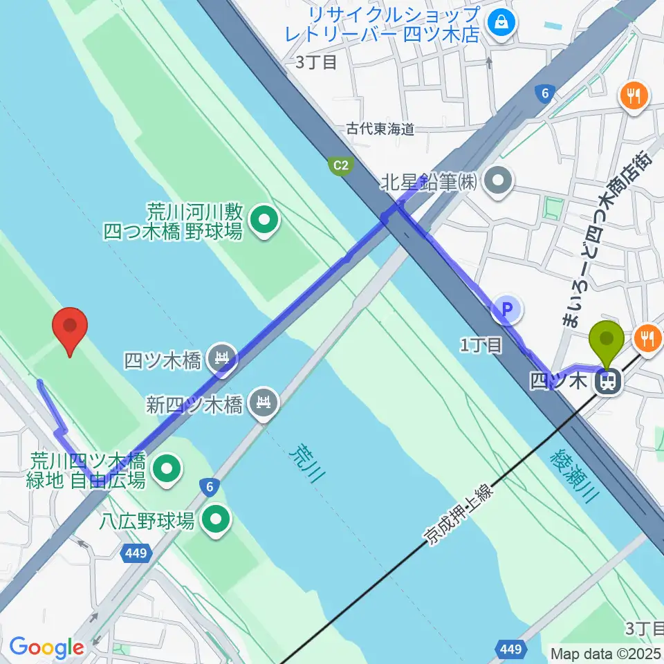 四ツ木駅から墨田野球場へのルートマップ地図
