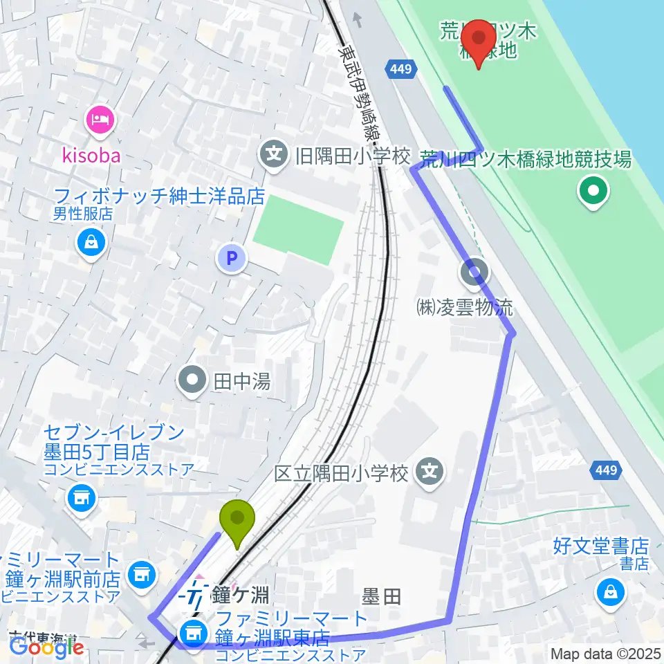 荒川四ツ木橋緑地野球場の最寄駅鐘ヶ淵駅からの徒歩ルート（約6分）地図