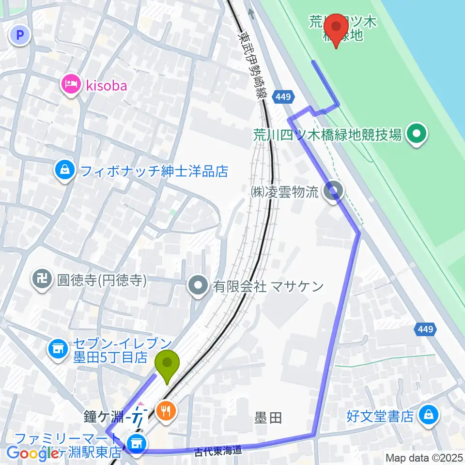 荒川四ツ木橋緑地野球場の最寄駅鐘ヶ淵駅からの徒歩ルート（約6分）地図