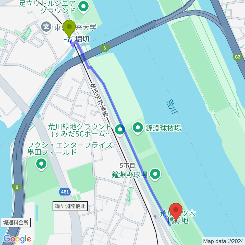 堀切駅から荒川四ツ木橋緑地野球場へのルートマップ地図