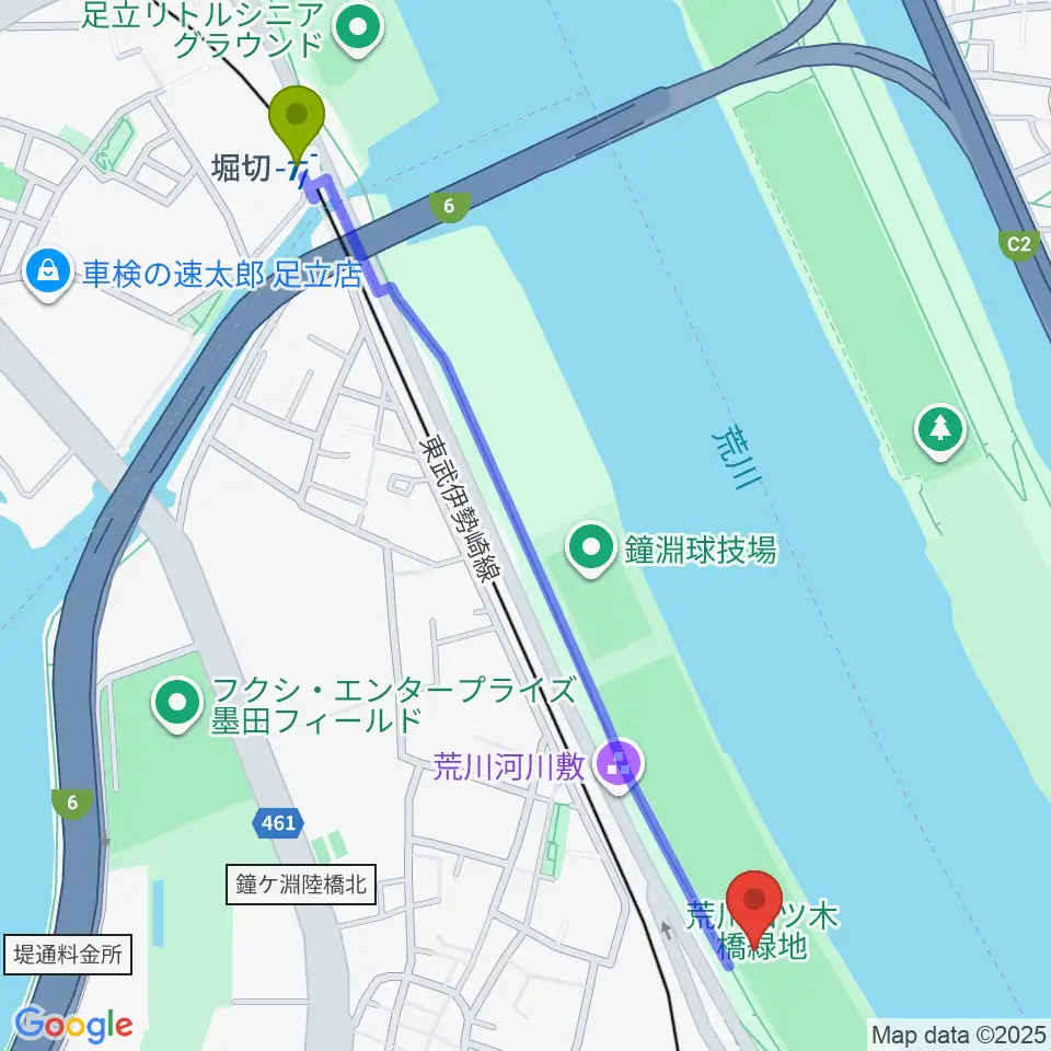 堀切駅から荒川四ツ木橋緑地野球場へのルートマップ地図