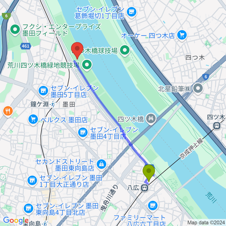 八広駅から荒川四ツ木橋緑地野球場へのルートマップ地図