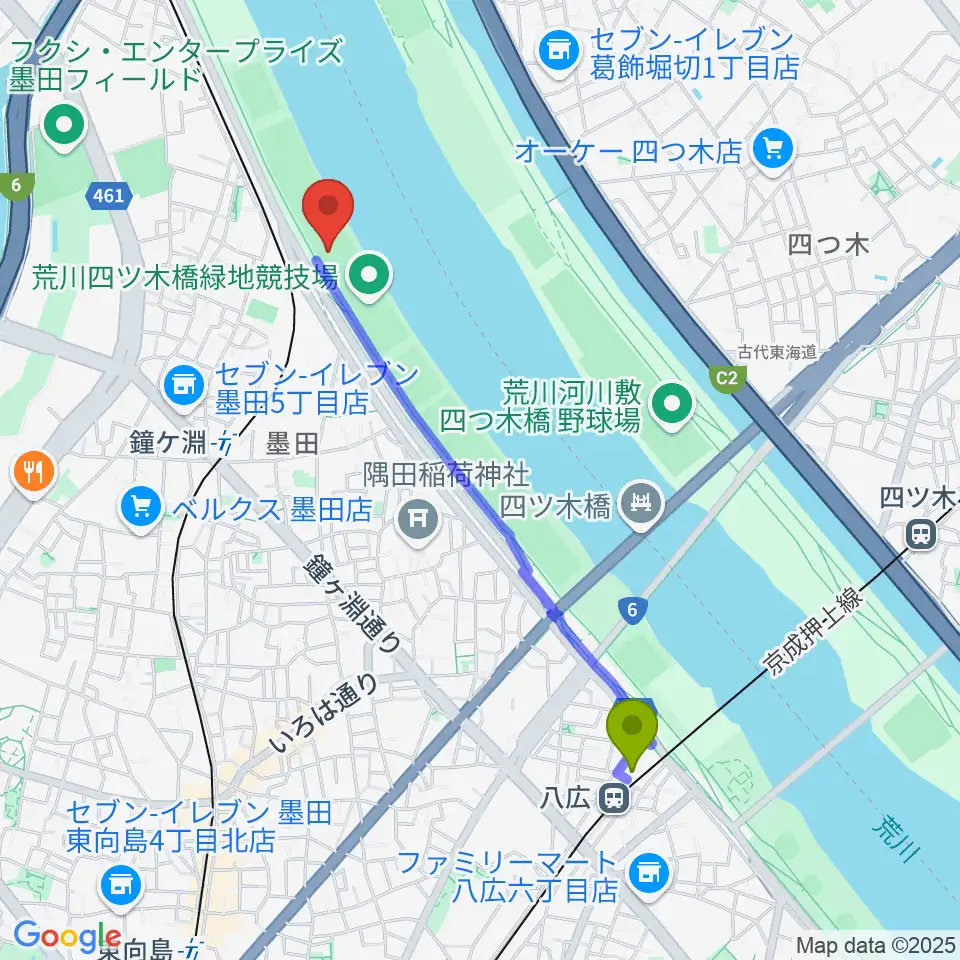 八広駅から荒川四ツ木橋緑地野球場へのルートマップ地図
