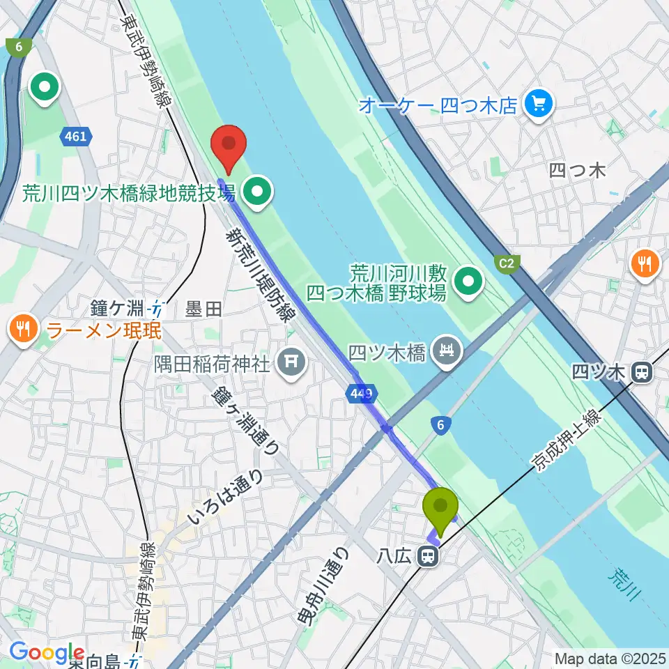 八広駅から荒川四ツ木橋緑地野球場へのルートマップ地図