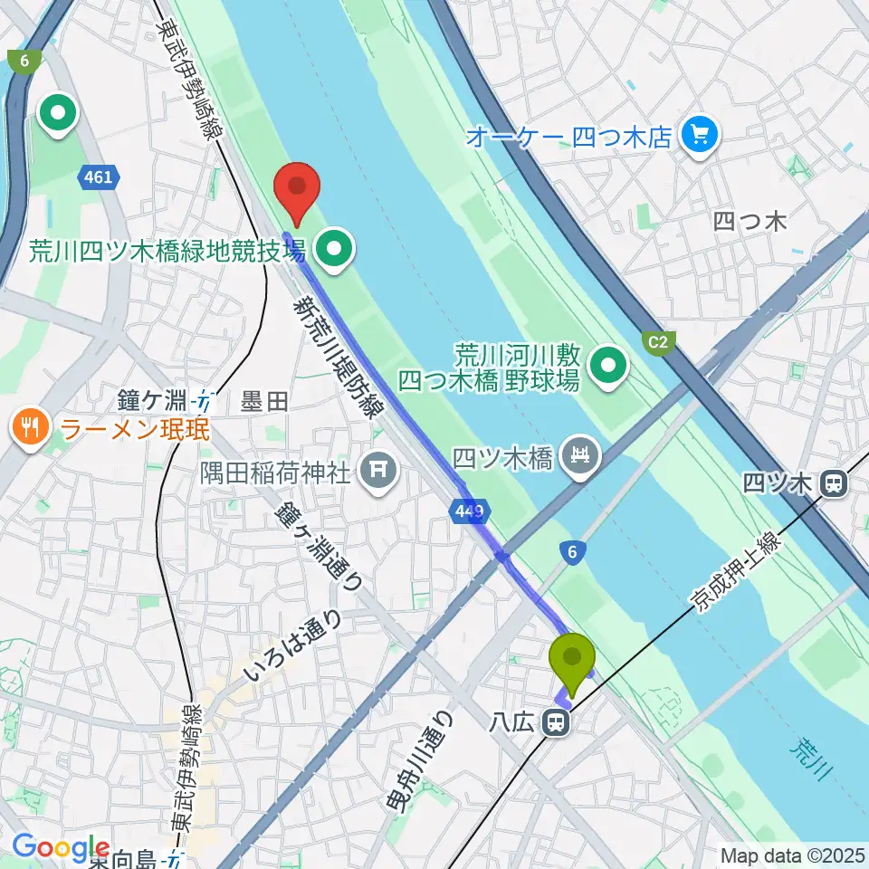 八広駅から荒川四ツ木橋緑地野球場へのルートマップ地図