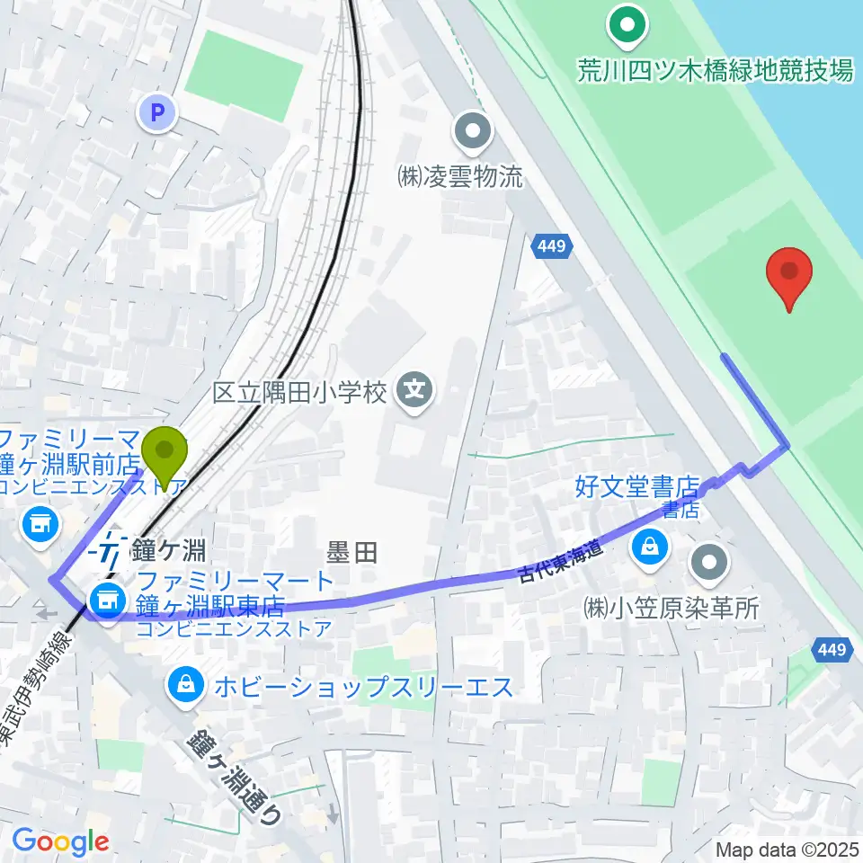 荒川四ツ木橋緑地球技場の最寄駅鐘ヶ淵駅からの徒歩ルート（約6分）地図