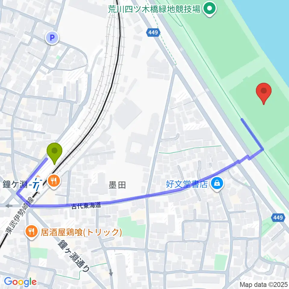 荒川四ツ木橋緑地球技場の最寄駅鐘ヶ淵駅からの徒歩ルート（約6分）地図