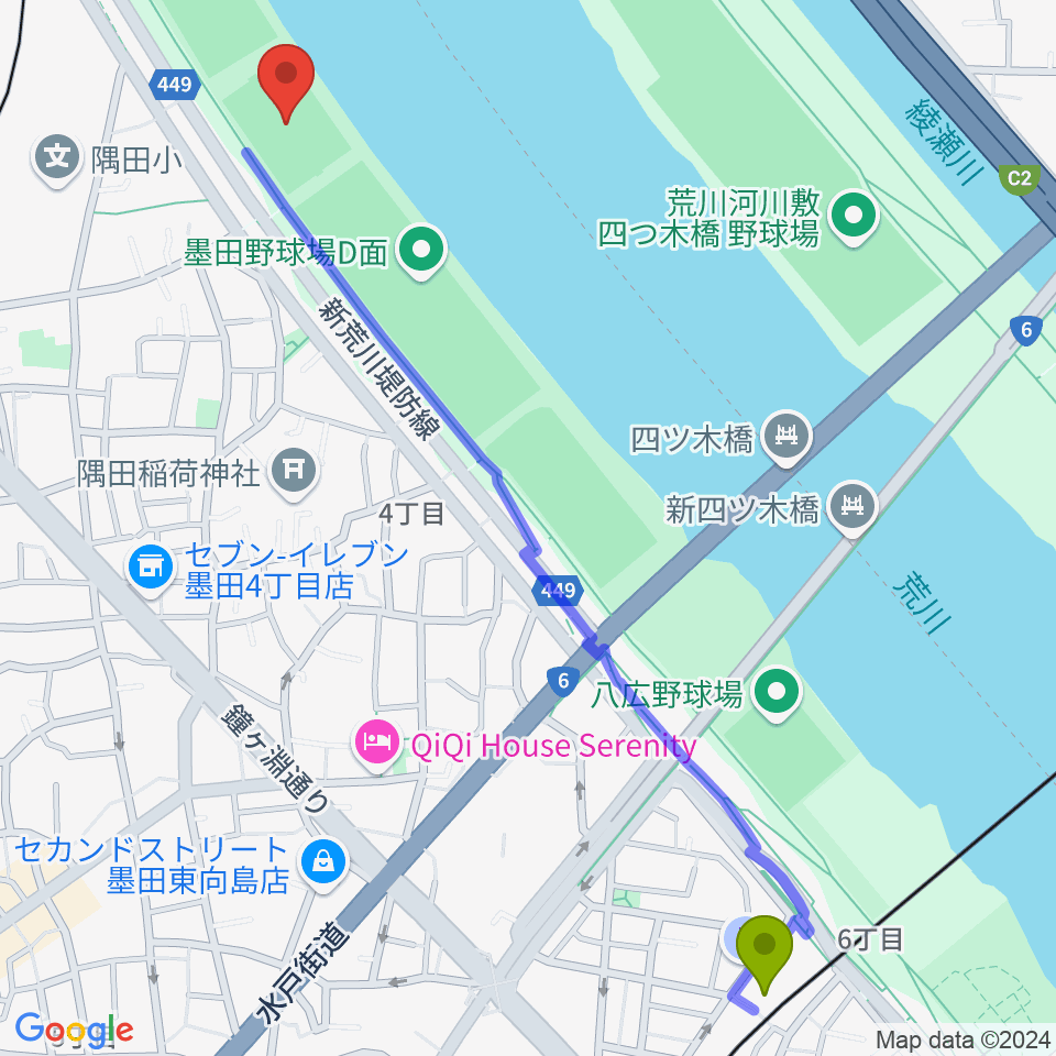 八広駅から荒川四ツ木橋緑地球技場へのルートマップ地図