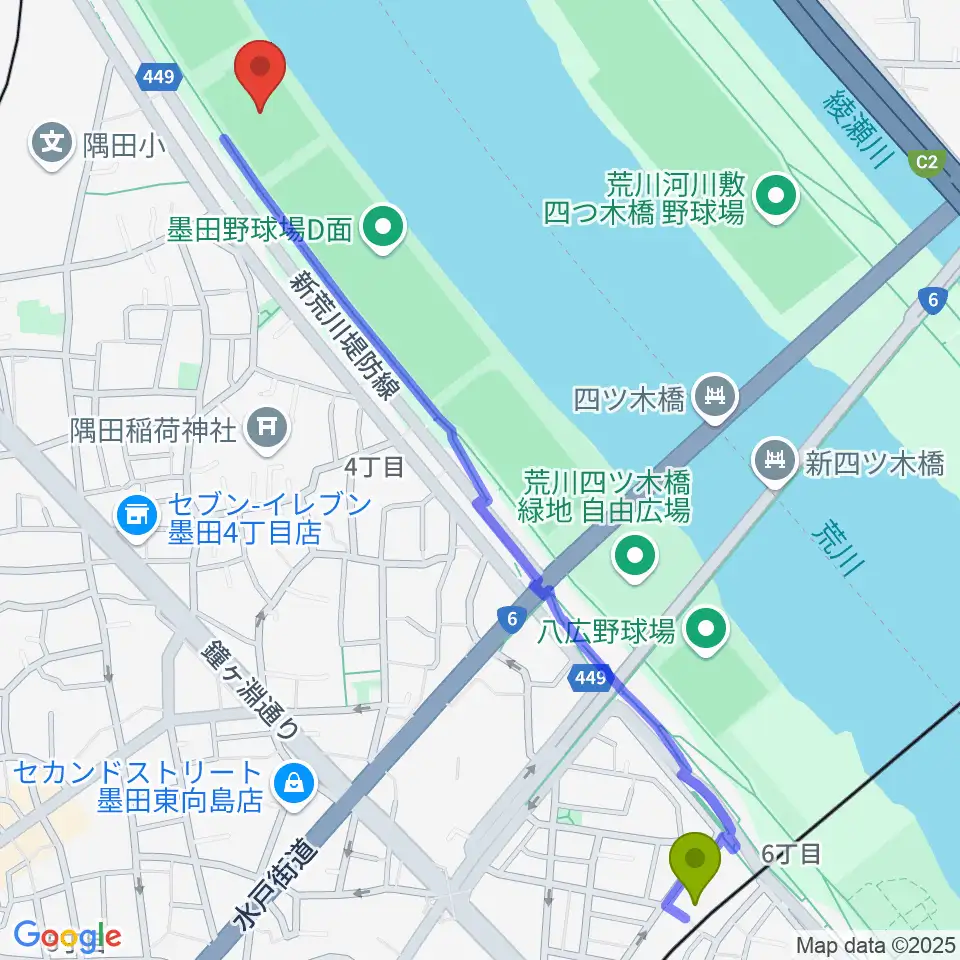 八広駅から荒川四ツ木橋緑地球技場へのルートマップ地図