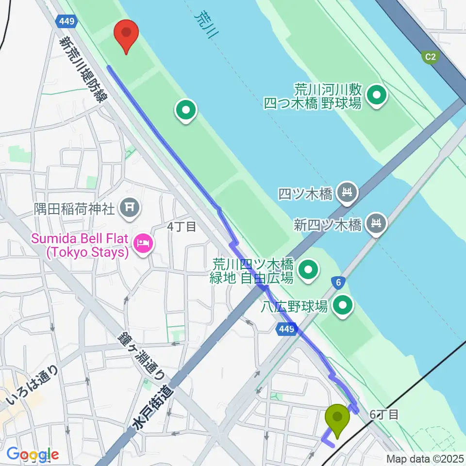 八広駅から荒川四ツ木橋緑地球技場へのルートマップ地図