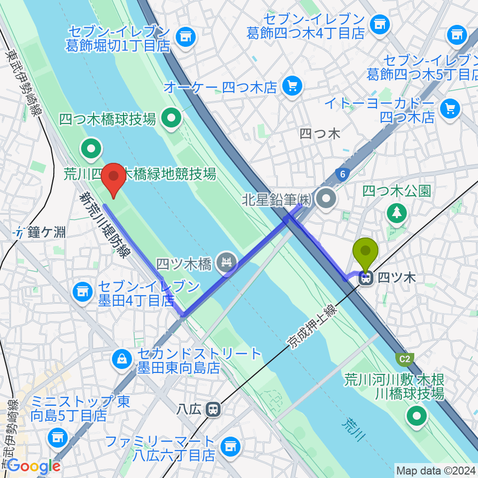 四ツ木駅から荒川四ツ木橋緑地球技場へのルートマップ地図