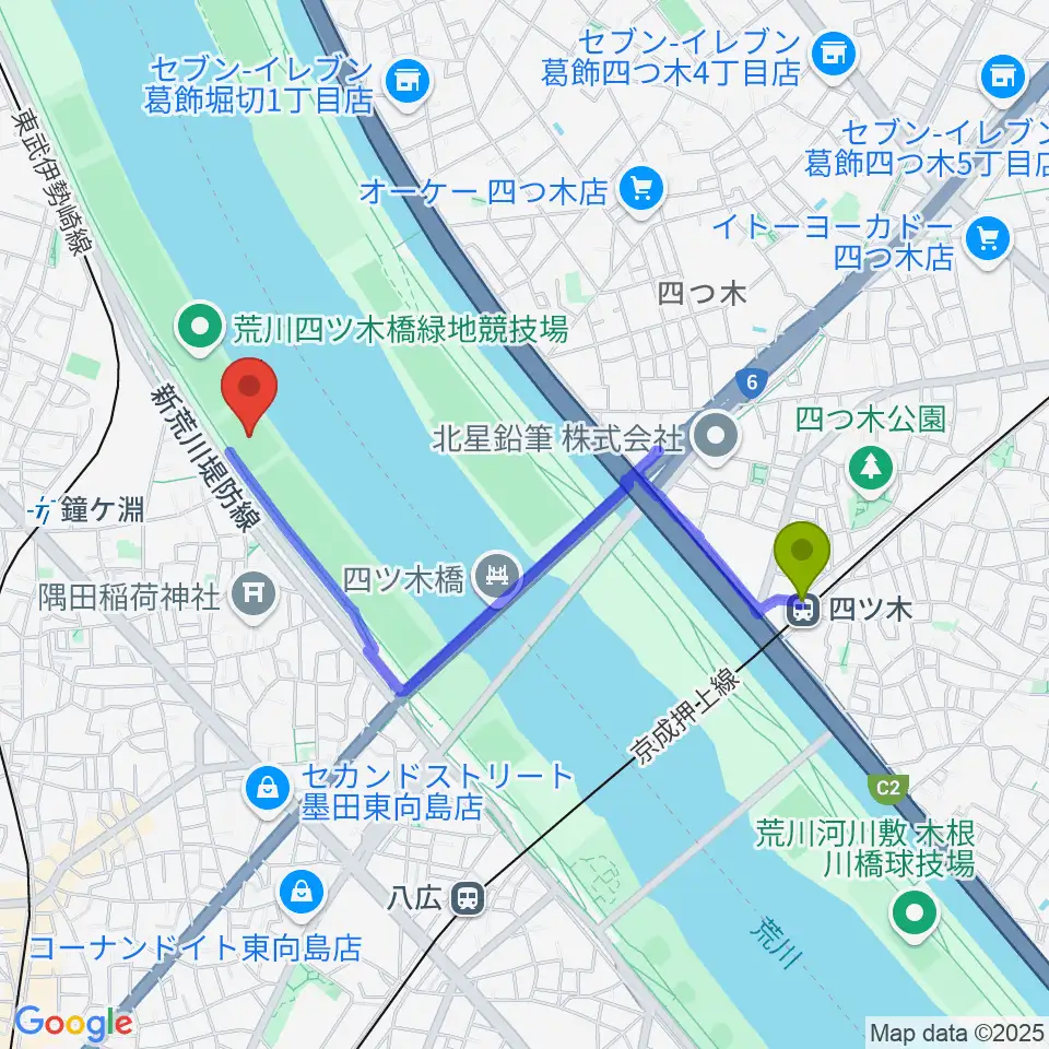 四ツ木駅から荒川四ツ木橋緑地球技場へのルートマップ地図