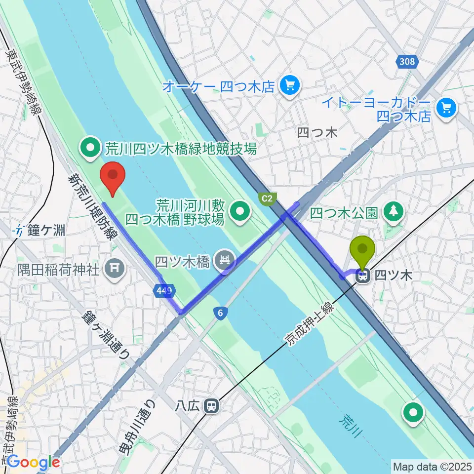 四ツ木駅から荒川四ツ木橋緑地球技場へのルートマップ地図