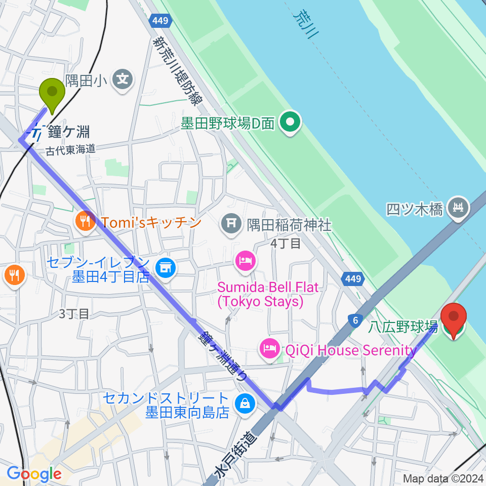 鐘ヶ淵駅から八広野球場へのルートマップ地図