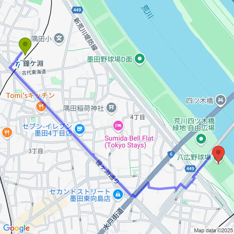 鐘ヶ淵駅から八広野球場へのルートマップ地図