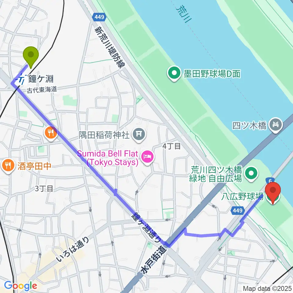 鐘ヶ淵駅から八広野球場へのルートマップ地図