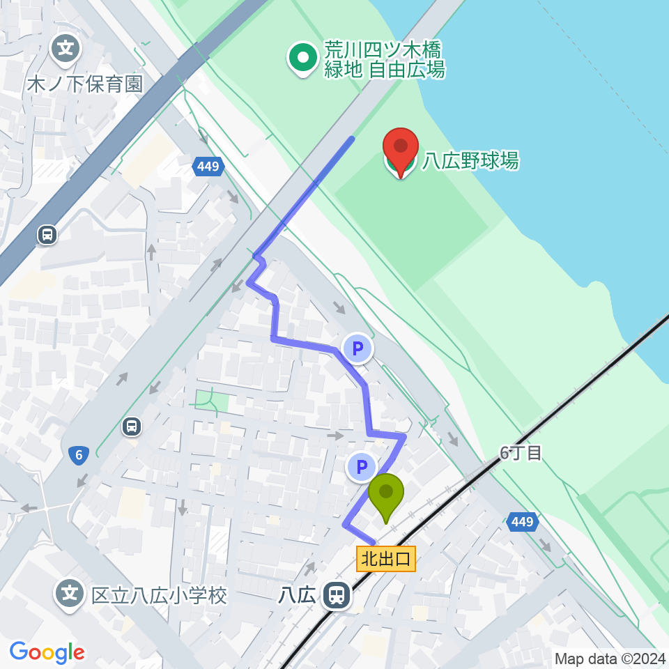 八広野球場の最寄駅八広駅からの徒歩ルート（約4分）地図