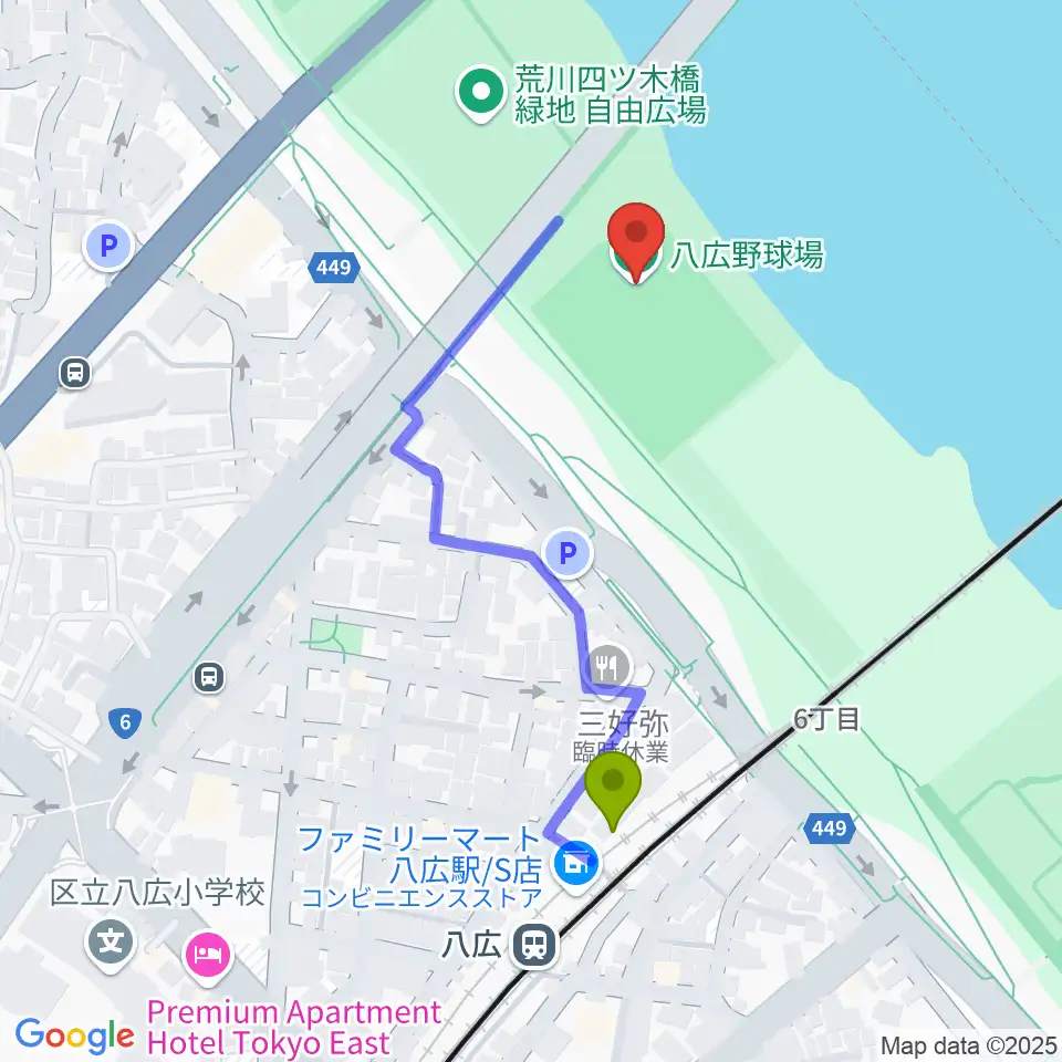 八広野球場の最寄駅八広駅からの徒歩ルート（約4分）地図