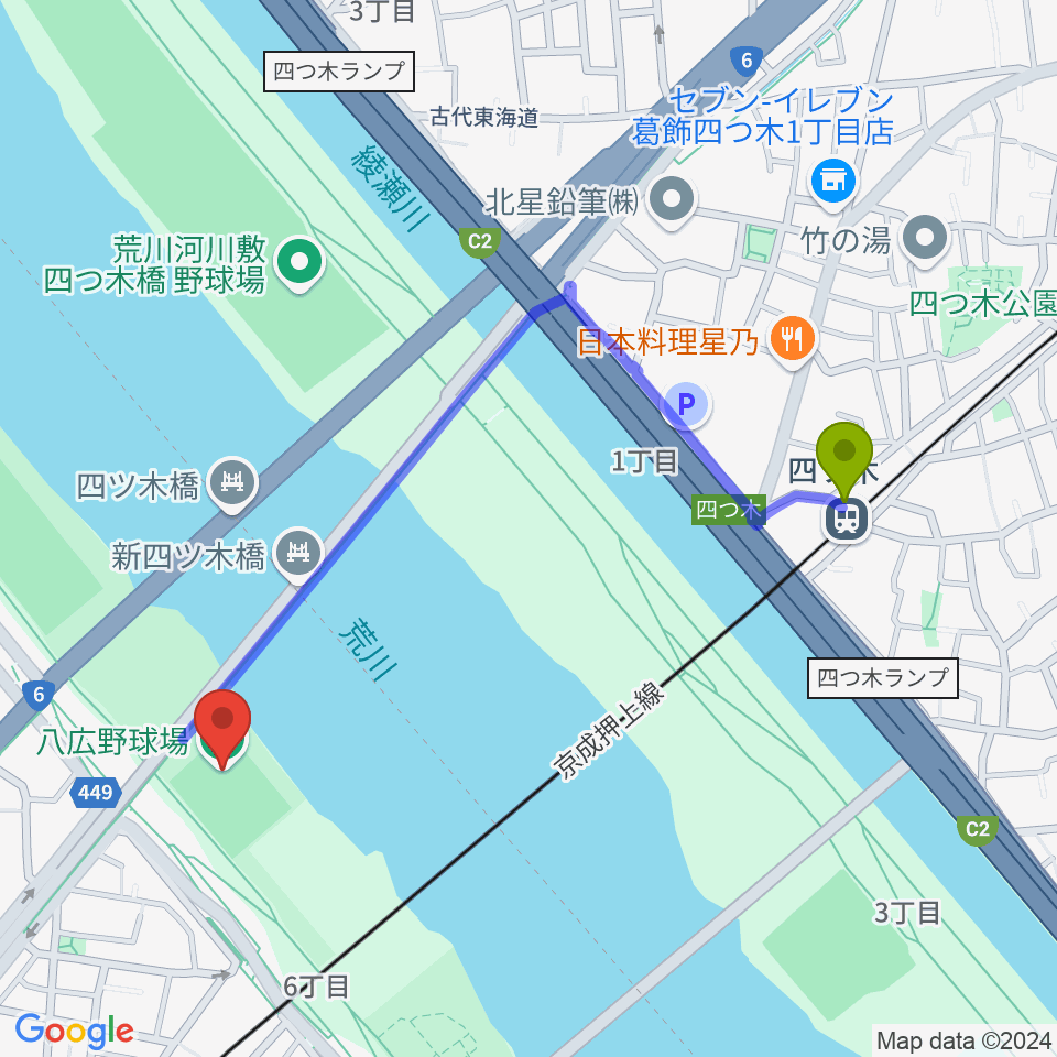 四ツ木駅から八広野球場へのルートマップ地図