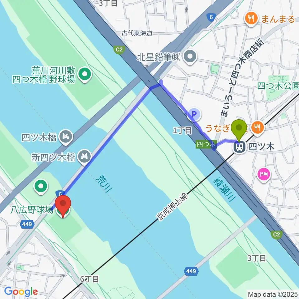 四ツ木駅から八広野球場へのルートマップ地図