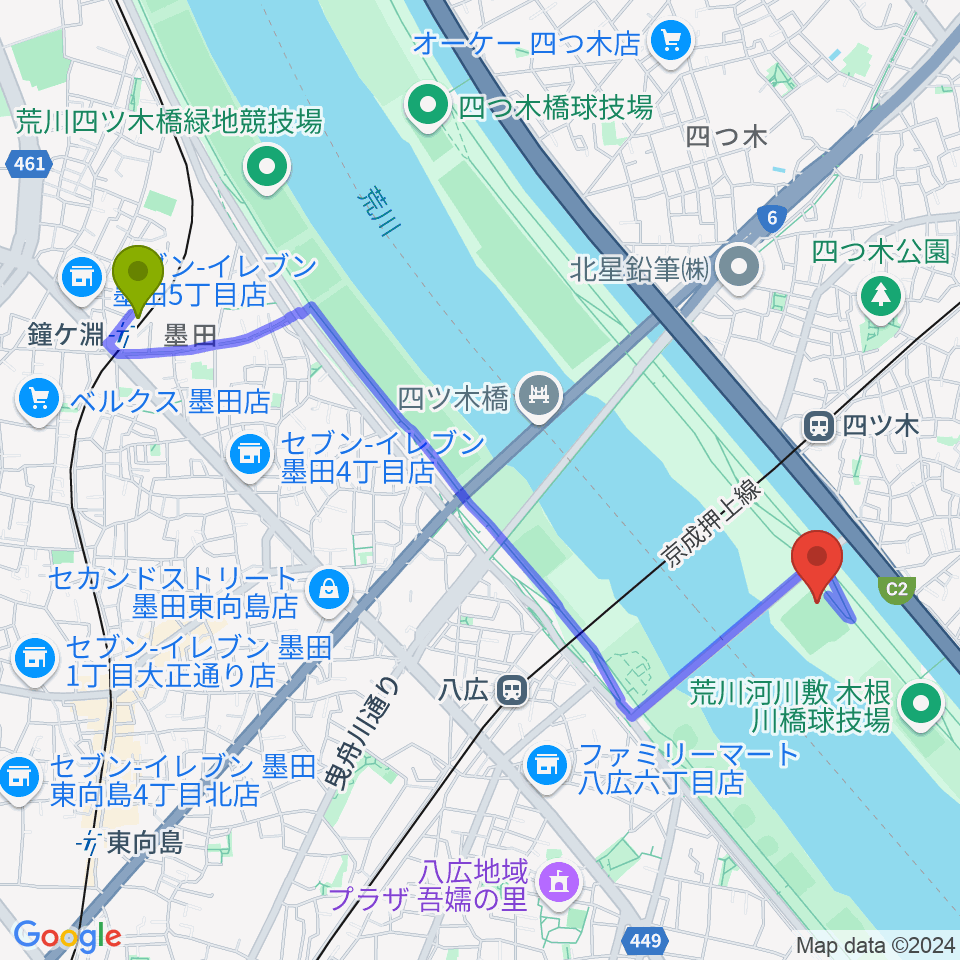 鐘ヶ淵駅から木根川橋野球場へのルートマップ地図