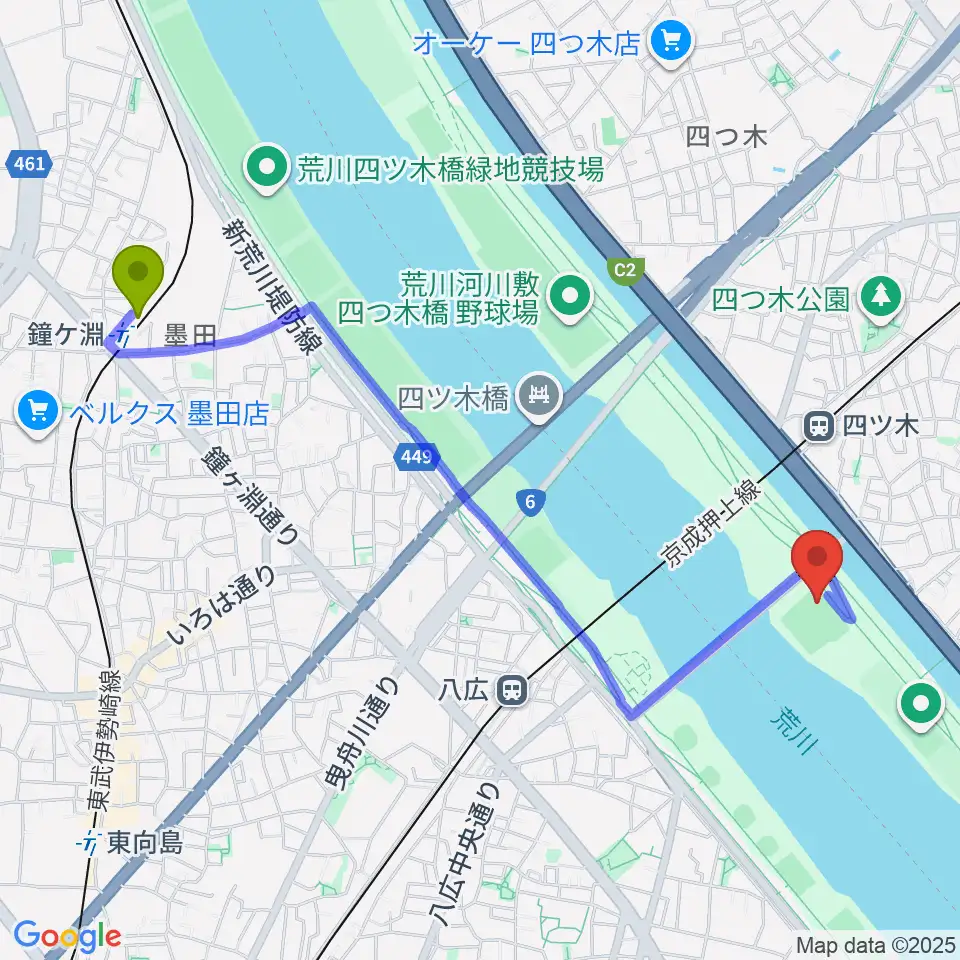 鐘ヶ淵駅から木根川橋野球場へのルートマップ地図