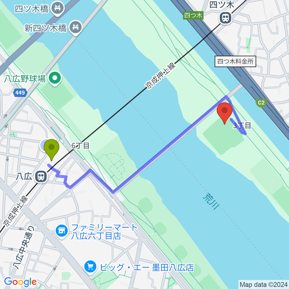 八広駅から木根川橋野球場へのルートマップ地図