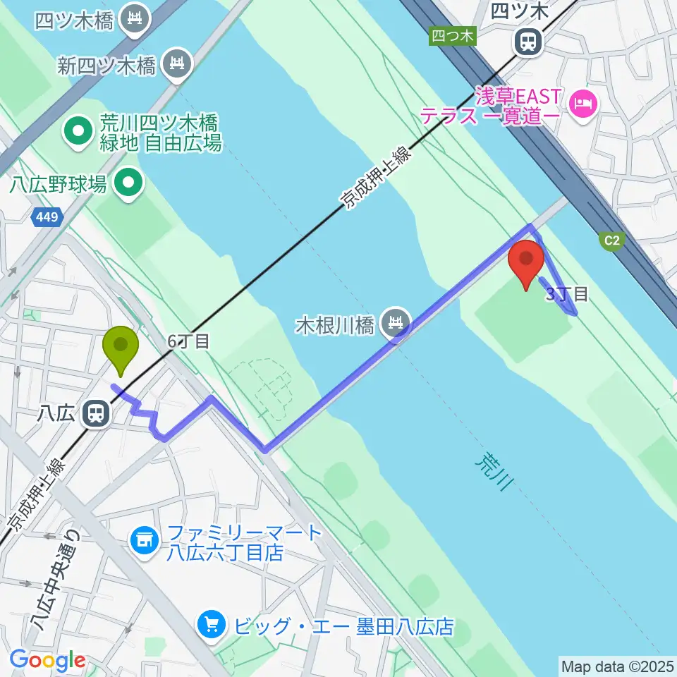 八広駅から木根川橋野球場へのルートマップ地図